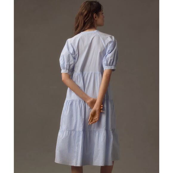 English Factory Puff-Sleeve Tiered blue stripe Midi Dress - Picture 7 of 8